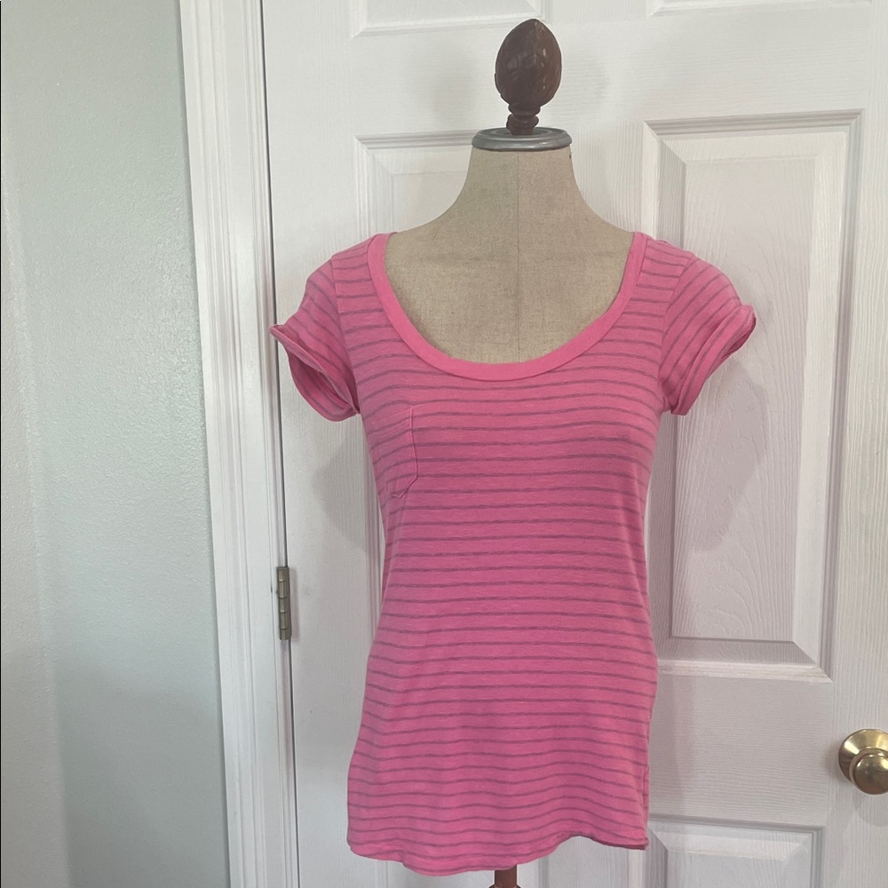 Y2K OP Pink Striped Scoop Neck T-shirt 100% organic cotton Top tee size M 7 9